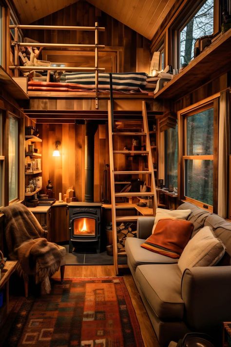 Inside Rustic Cabins, Tiny Cabins Interiors Loft, Cozy Tiny Home Interior, Small Loft Cabin, Tiny Rustic Cabin Interior, Cozy Tiny Cabin, 12x24 Tiny House Interior, Small Log Cabin Interior Rustic Tiny Homes, Tiny House Rustic Interior