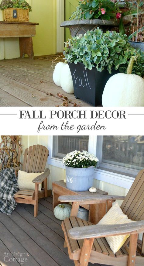 Fall Porch Decorating From the Garden- update your porch for autumn with simple, natural elements from the garden. Deck Gardening, Oregon Cottage, Market Flowers, Garden Art Ideas, Homestead Living, Garden Decor Diy, Cactus Decor, Work Diy, Fall Decorations Porch