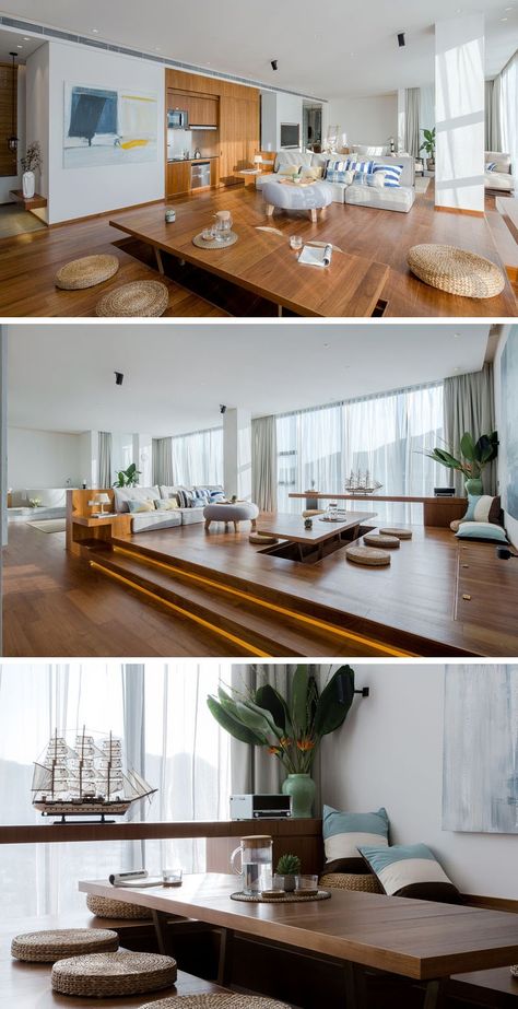 Open Space Living And Dining Room, Floor Dining Ideas, Platform Dining Area, Tea Area In Living Room, Raised Living Room Floor, Raised Floor Living Room, Tatami Living Room Modern, Floor Sitting Dining Table, Open Apartment Layout