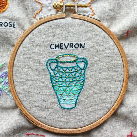 Chevron stitch _ porcelain vase hand embroidery Chevron Embroidery Design Patterns, Chevron Stitch Embroidery Designs Motif, Chevron Stitch Embroidery Designs, Chevron Embroidery Design, Alpaca Embroidery, Painted Clothes Pins, Embroidery Leaf, Aari Designs, Chevron Stitch