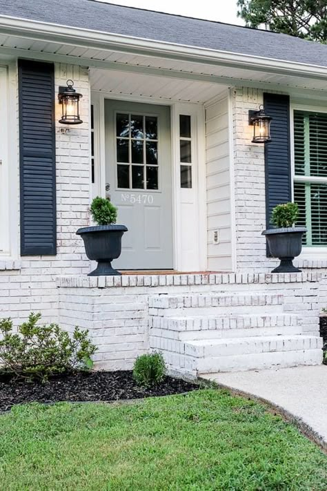 Limewash Brick Exterior, White Brick House, Painted Brick Exteriors, Bloxburg Exterior, Ranch House Exterior, Painted Brick House, Porch Plans, Brick Ranch, Home Exterior Makeover