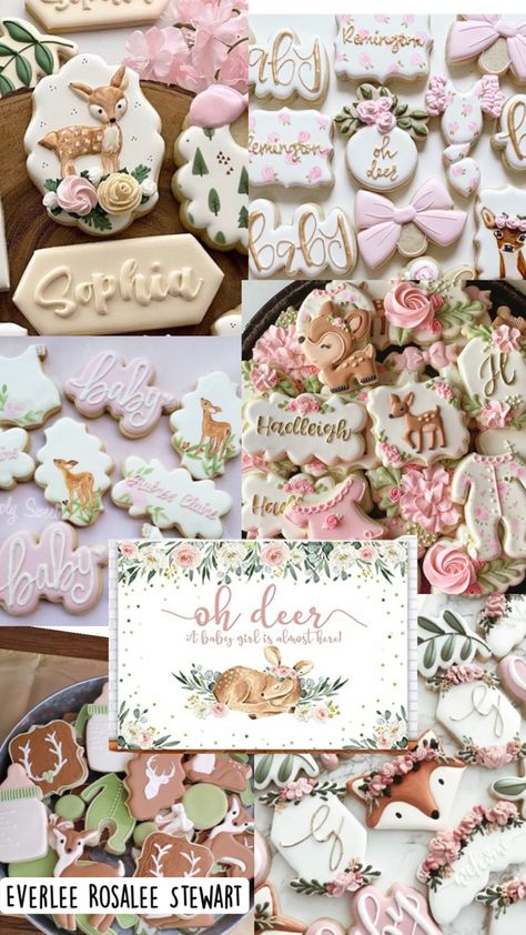 Woodland deer girl baby shower custom sugar cookie Deer Baby Shower Girl, Girl Woodland Baby Shower, Woodland Baby Girl, Deer Theme, Girl Shower Themes, Snow Showers, Deer Girl, Deer Baby Showers