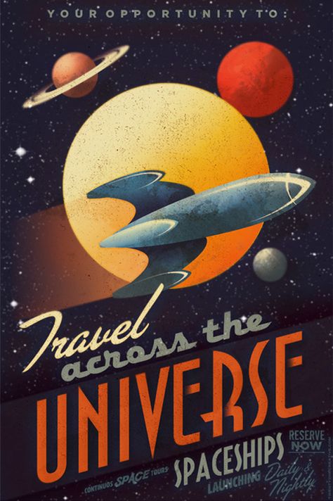 Travel Across The Universe Universe Poster, Universe Vintage, Space Posters, Space Travel Posters, Sejarah Kuno, Art Spatial, Affiches D'art Déco, Futurisme Retro, Desain Buklet