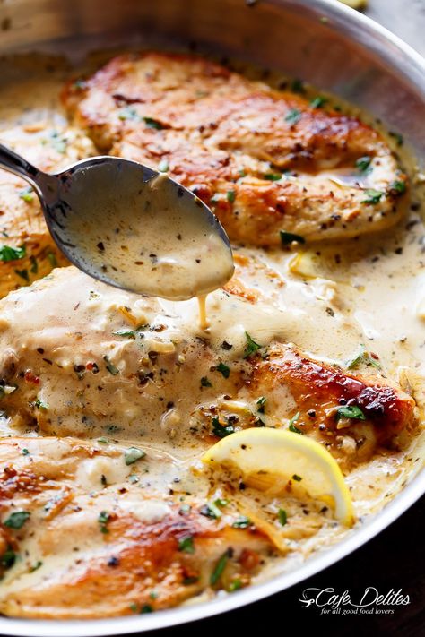 Lemon Chicken Scallopini with Lemon Garlic Cream Sauce combines two recipes into one: lemon garlic chicken AND a lemon garlic cream sauce to keep the flavours going! | https://cafedelites.com Lemon Garlic Cream Sauce, Garlic Cream Sauce Recipe, Continental Recipes, Chicken Scallopini, Garlic Cream Sauce, Cream Sauce Recipes, Creamy Garlic Sauce, Cafe Delites, Cooking Cream