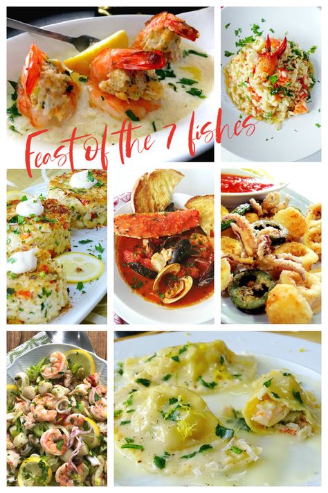 Seven Dishes for The Feast of The Seven Fishes Pasta Fish Recipes, Feast Of The Seven Fishes Side Dishes, Christmas Eve Fish Dinner Ideas, Christmas Eve Fish Dishes, Christmas Eve 7 Fish Dinner Ideas, Nye Seafood Dinner Ideas, Seafood Christmas Eve Dinner, Feast Of The Seven Fishes Recipes, 7 Fishes Christmas Eve Recipes