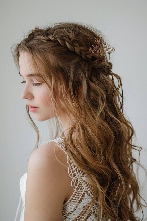 Boho Hair Bridesmaid, Long Hair Braid Crown, Crown Braid Hairstyles Half Up, Loose Braid Bridesmaid Hair, Ethereal Half Up Hair, Half Up Bridal Hair With Braid, Wedding Hair Braids Half Up, Braided Hairstyles Crown, Whimsical Hairstyles Wedding