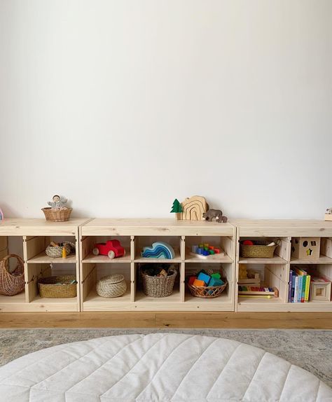 Montessori Playroom Storage, Ikea Trofast Shelves, Montessori Yes Space, Kallax And Trofast Playroom, Ikea Storage Playroom, Ikea Trofast Montessori, Waldorf Kids Room, Waldorf Homeschool Room, Playroom Waldorf