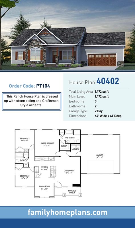 House Plan 40402 - Traditional Style with 1472 Sq Ft, 3 Bed, 2 Bath 1 Story Ranch House Plans, Small House Plans 3 Bedroom Simple Ranch, 1600 Sq Ft Ranch House Plans, 1400 Sq Ft House Plans Farmhouse, 1400 Sq Ft House Plans With Garage, 1400 Sq Ft House Plans, Small Ranch House Plans, Craftsman Ranch House Plans, Ranch Plans