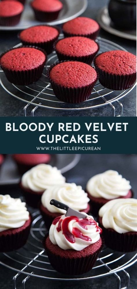 Traditional red velvet cupcakes with cream cheese frosting and a shocking addition of raspberry coulis. It’s going to be your favorite Halloween treat! Red Velvet Halloween Cupcakes, Spider Desserts, Raspberry Coulis, Cupcakes With Cream Cheese Frosting, Velvet Cupcakes, Easy Cupcakes, Birthday Cake Recipe, Red Velvet Cupcakes, Cupcake Frosting