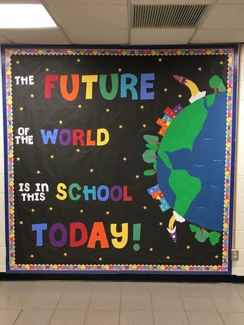 The Future Of The World Bulletin Board, Bulletin Board Ideas For All Year Round, Welcome Notice Board School, Future World Changers Bulletin Board, New Year Board Decorations For School, Motivational Bulletin Boards Elementary, Softboard Decoration Ideas For School, Notice Board Decoration Ideas School, Welcome Bulletin Board Ideas For School