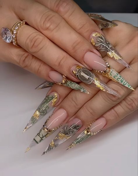 Encapsulated Money Nails, Money Nails Acrylic, Money Nails Designs, Stiletto Nails Designs Unique, Money Nails, Stilleto Nails Designs, Vibrant Nails, Stiletto Nails Designs, Dope Nail Designs