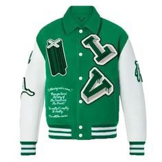 Louis Vuitton Varsity Jacket, Green Louis Vuitton, Varsity Leather Jacket, Green Varsity Jacket, Louis Vuitton Jacket, Baseball Jacket Women, Cotton Jackets Women, Varsity Jacket Men, Varsity Jackets