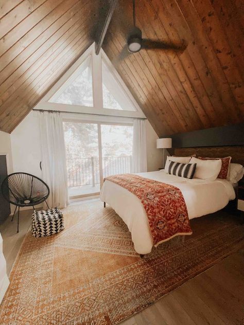 A-frame Interior, Lake Arrowhead California, Cabin Bedroom, Georgia Homes, Lake Arrowhead, Tiny Cabin, House Beds, Indoor Fireplace, Cabin Design