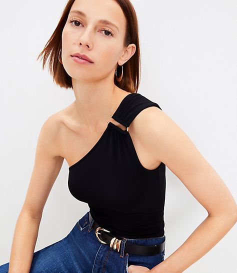 With a sleek, ring-embellished neckline that's effortlessly modern-cool, this soft knit crepe top gives dull style the bold shoulder. Asymmetric neck. Single shoulder strap.,Bullet1:24 1/4" long,Imported:Imported,Fit:Fit: Tight — a close fit that hugs the body,Length:Length: Regular - hits below natural waist,Fabrication:95% Polyester 5% Spandex,Garment Care:Machine Washable Loft Crepe One Shoulder Top Size XL Black Women's by Loft Size Regular - XL Black Women's Crepe, Scoop, Neck, Sleeveless, Black One Shoulder Top Outfit, Top Una Manga, Leo Lilith, One Strap Top, Shoulder Tops Outfit, One Shoulder Tank Top, Black One Shoulder Top, Embellished Neckline, Crepe Top