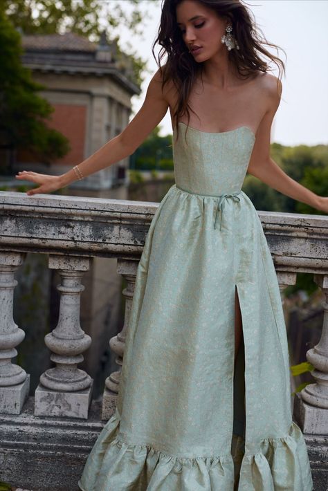 V. Chapman Charlotte Dress in Sage Duchess Floral Formal Wedding Guest Dress, Strapless Green Prom Dress, Simple Beautiful Wedding Dresses, Sage Green Dresses Formal, Sage Green Gown, Sage Gown, Bridesmaids Green, Cream Bridesmaid Dresses, Sage Background