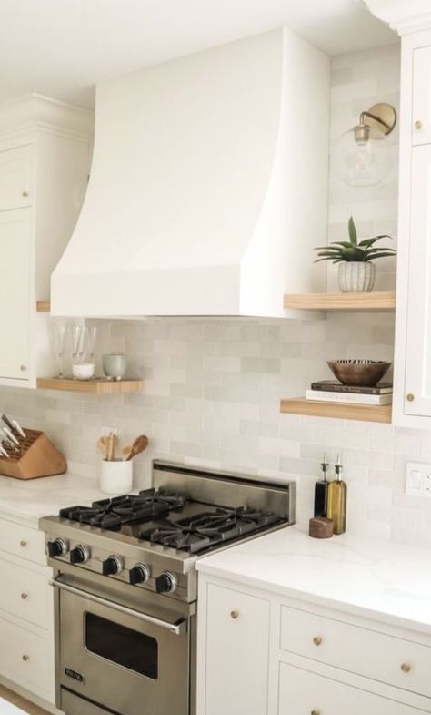 Plaster Hood With Floating Shelves, Range Hood Shelves, Open Shelving Around Range Hood, White Hood Range, Shelves Next To Range Hood, Range Hood With Open Shelving, Plaster Hood Kitchen, Kitchen Oven Hood, Tiled Range Hood