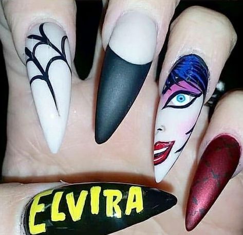 Elvira Nail Art, Elvira Nails, Stephs Nails, Mom Nails, Horror Nails, Elvira Mistress Of The Dark, Nail Envy, Long Acrylic, Nail Styles