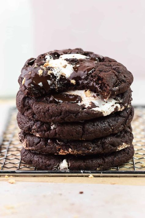 Chocolate S'mores Cookies - Short Stack Kitchen Smores Cookie Recipes, Stuffed Smores Cookies, Double Chocolate Smores Cookies, Fall Chocolate Desserts, Insomnia Smores Cookies Recipe, Chocolate Smores Cookies, Chocolate S’more Cookies, S’mores Cookies Easy, Chocolate Fall Desserts