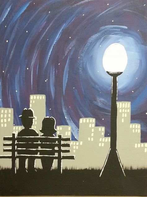 "Midnight Romance" Midnight Series Acrylic Painting on Canvas Bench Drawing, Midnight Romance, City Canvas Art, Midnight City, Acrylic Painting On Canvas, Acrylic Painting Canvas, Painting On Canvas, Original Artwork, Acrylic Painting