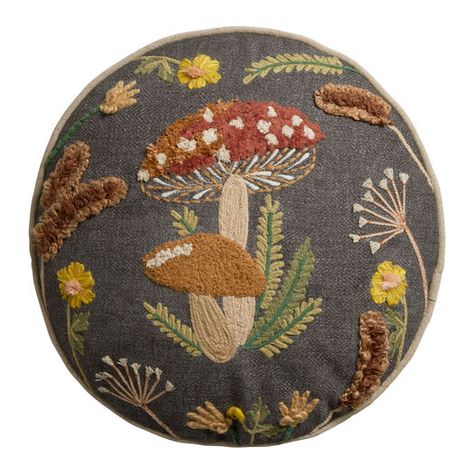 Round Charcoal Embroidered Mushroom Throw Pillow by World Market Dark Cottagecore Decor, Dark Cottagecore, Vintage Mushroom, Cottagecore Decor, Mushroom Decor, Wool Applique, Embroidered Pillow, World Market, Home Decor Trends