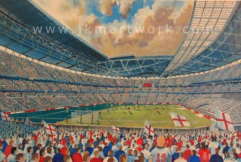 #england #Wembley prints £15 available from my website at www.jkmartwork.com Stadium Painting, Club Atmosphere, Football Paintings, Stadium Art, Football Illustration, Cardiff City, English Football, Uk Football, Wembley Stadium