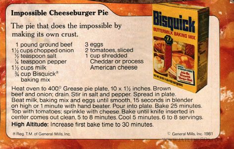 Click through for printable recipe on the blog.  #beef  #biscuitmix  #bisquick   #cheddarcheese  #groundbeef   #hamburger  #onion  #tomatoes #vintage #recipes #vintagerecipes Impossible Cheeseburger Pie Bisquick, Cheeseburger Pie Bisquick, Hamburger Pickles, Italian Recipes Pasta, Recipes Crepes, Vegan Cheesecake Recipes, Impossible Recipes, Impossible Cheeseburger Pie, Impossible Cheeseburger