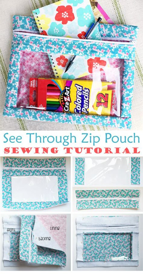 See Through Zip Pouch Tutorial Quilted Project Bag Pattern, Clear Zipper Pouch Tutorial, Vinyl Zipper Pouch Tutorial, Teacher Sewing Projects, Vinyl Pouches Diy, Clear Pouch Diy, Vinyl Pouches Tutorial, Vinyl Bags Diy Zipper Pouch, Vinyl Bags Diy Tutorials