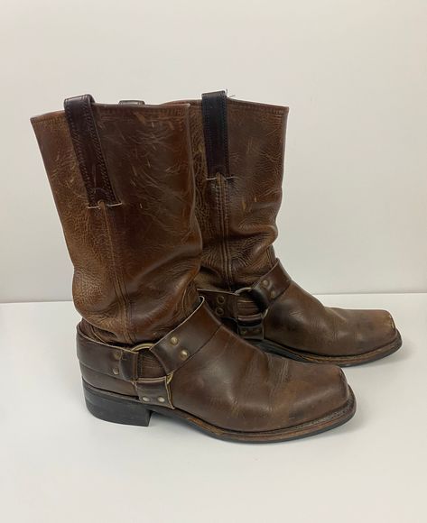 Classic Frye square toe harness boots- brown leather.  **Size label has worn off - approx. size would be size 10 mens See measurements- Boot Height: 11" (heel not included) Length Heel-to-toe--Measuring outside boot: 11-1/4''  Approx Length Inside Heel to Toe: 10.5" Sole Width: 3-3/4" (across ball of foot) Heel Height: 1.5" Toe Shape: square New Soles Leather Boots Men, Mens Brown Boots, Frye Harness Boots, Brown Cowboy Boots, Engineer Boots, Men’s Boots, Harness Boots, Mens Cowboy Boots, Mens Leather Boots