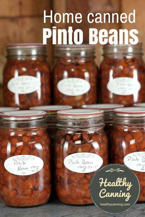 Canning pinto beans. Home-canned pinto beans are delicious and wonderful to have on hand.  When you can them yourself at home, you can make them without all the added salt that commercially-canned pinto beans have.  It’s nice to have jars of different sizes available so you can open just the size you need. Salt-free #canning Canning Pinto Beans, Pinto Beans Recipe, Healthy Canning, Canning Beans, Canning Pressure Cooker, Make Refried Beans, Pinto Bean Recipes, Freezing Vegetables, Refried Beans Recipe