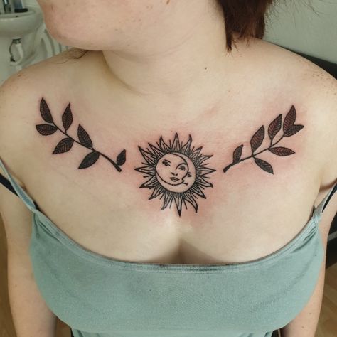 Sun moon Tattoo Sun And Moon Collar Bone Tattoo, Sun And Moon Chest Tattoo, Sun Chest Tattoo, Moon Sun Tattoo, Collar Bone Tattoo, Sun Tattoo, Moon Tattoo, Sun Moon, Chest Tattoo