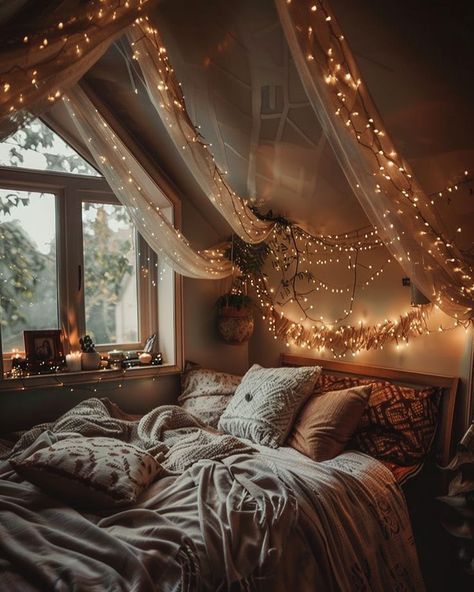 Bedroom Attic Aesthetic, Hanging Fairy Lights In Bedroom, Fall Cozy Bedroom Aesthetic, Cozy Bedroom Aesthetic Fairy Lights, Library Greenhouse, Van Aesthetic, Cozy Attic Bedroom, Aesthetic Cozy Bedroom, Bedroom Aesthetic Cozy