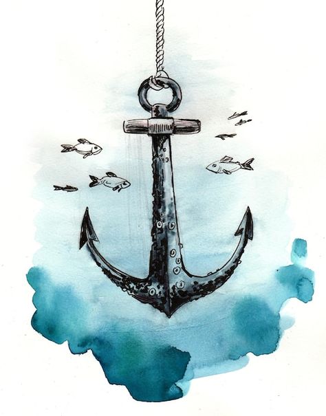 Anchor Underwater, Anchor Drawings, Anchor Illustration, Shark Games, Ink And Watercolor, 3d Pen, Illustration Watercolor, Happy Paintings, Sea Water