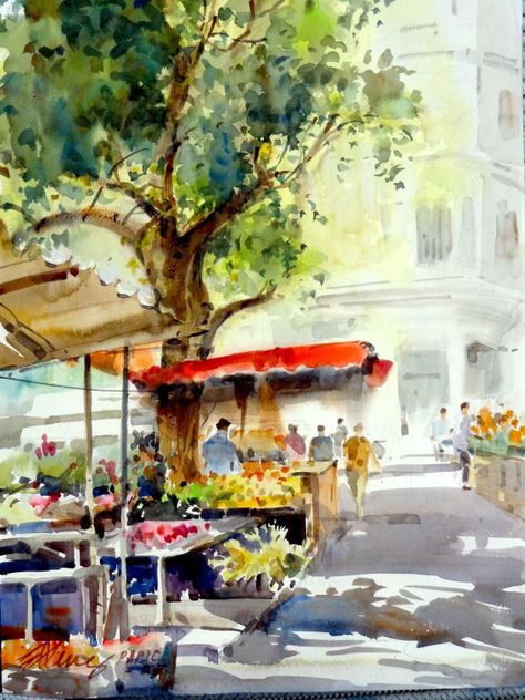 a-flower-and-fruit-market-in-paris-by-ong-kim-seng Maurice Utrillo, Fruit Market, Watercolor Architecture, Georges Seurat, 수채화 그림, Watercolor Canvas, Urban Sketching, Watercolor Inspiration, Flower Market