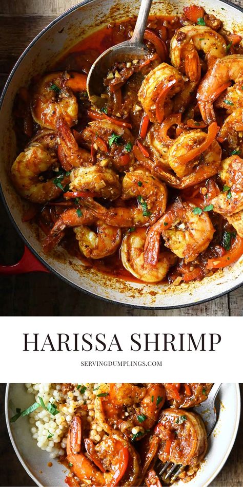 Harissa Shrimp - Serving Dumplings Harissa Shrimp Scampi Food Network, Harissa Shrimp Scampi, Shrimp Fall Recipes, Harissa Shrimp Recipe, Moroccan Shrimp Recipes, Quick Seafood Dinner, Grilled Shrimp Recipes For Dinner, Shrimp Indian Recipes, Shrimp Thanksgiving Recipes