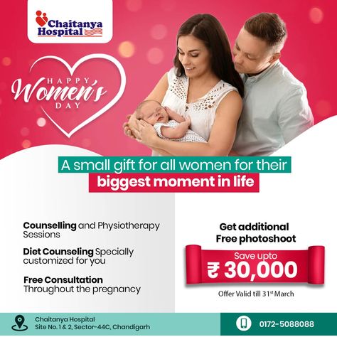 Celebrate Women's Day month by planning your journey of Parenthood with Chaitanya Hospital 🎁 Grab Women's Day Special offer, Book your delivery now and save up to Rs 30,000 and enjoy a Free Photoshoot also🎁 🤰 Delivery Health Package Includes ✔Free Consultations Throughout Pregnancy ✔ Free Counselling & Physiotherapy Session for Easy Delivery ✔ Diet Counselling Specially customized for you ✔Whatsapp support group for handling queries and regular informative posts Call @ 0172-5088088 Cesarean Delivery, Maternity Hospital, Support Group, Counseling, Small Gifts, Health, How To Plan, Books