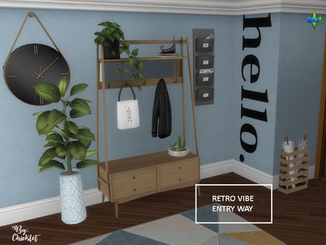 Chicklet's Retro Vibe Entry Way Sims 4 Cc Entrance Decor, Sims 4 Cc Entry Way, Sims 4 Entryway Ideas, Sims 4 Entryway, Sims 4 Hallway, Sims 4 Houses Layout, Ts4 Hair, Sims Furniture, Rustic Hallway