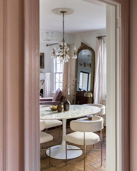 Want to add a touch of glam to your dining room? This Art Deco-inspired chair is the ultimate secret—and we're noticing it in every stylish dining room on Instagram. Here's how to get the look for yourself. Art Deco Parisian, Parisian Art Deco Interior Design, Vintage Glam Dining Room, Art Deco Dining Room Ideas, Geneva Apartment, French Art Deco Interior, Fireplace Headboard, Romantic Dining Room, Carley Summers