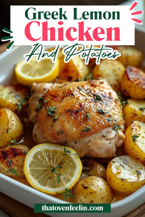 Indulge in the simplicity and flavor of Greek Lemon Chicken and Potatoes, featuring tender chicken thighs, creamy Yukon gold potatoes, zesty lemon, and aromatic garlic. A complete meal perfect for a satisfying weeknight dinner. Meat Based Dinners, Lemon Greek Chicken And Potatoes, Greek Chicken And Potatoes Baked, Easy Hearty Dinner Recipes, Greek Chicken Potatoes, Chicken Thigh Dinner Ideas, Oven Chicken And Potatoes, Recipes With Chicken Thighs, Greek Lemon Chicken And Potatoes