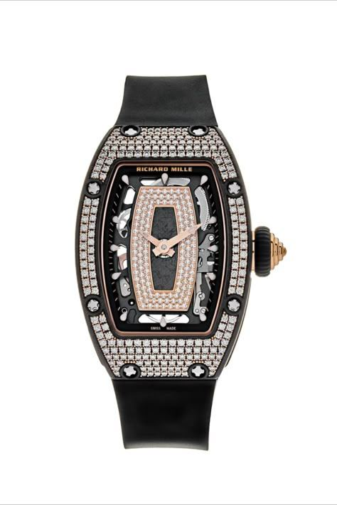 Diamonds are a girls best friend right? At least it can be when wearing this opulent design by Richard Mille. The RM 07-01 is aesthetically pleasing with the perfect integration. Featuring a 45.66 x 31.4mm rose gold case and diamond set bezel, embodying the signature tonneau shaped design. It is finished with a black rubber bracelet with a rose gold clasp. Case Material: Carbon TPT / Rose Gold. Bracelet Material: Black Rubber. Dial: Transparent. Case Diameter: 45.66 mm x 31.4 mm. Year: 2020. Richard Mille Women, Richard Mille Watches, Diamond Tennis Necklace, Wrist Jewelry, Luxury Lifestyle Dreams, Richard Mille, Fancy Shoes, Womens Watches Luxury, Rose Gold Case