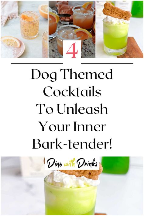 Collage of 4 dog themed cocktails. Dog 21st Birthday, Dogs 21st Birthday Party, Dog Theme Party Drinks, Dog Party Drink Ideas, Pet Themed Party Food, Dog Theme Cocktail, Dog Themed Food Ideas, Senior Dog Birthday, Puppy Party For Dogs