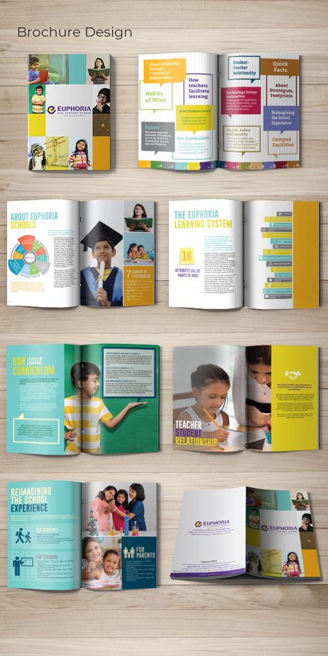 School Pamphlet Design Creative, Book Layout Design Inspiration Creative, School Booklet Design, School Magazine Ideas Layout Design, School Brochure Design Ideas, School Brochure Design Creative, Euphoria High School, School Magazine Design, Education Brochure Design