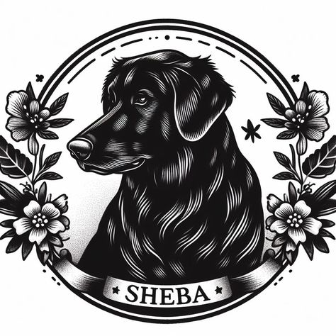 Bing AI: "Traditional Drawn Tattoo Style. Dog portrait (partial profile) in oval frame with flowers. The dog is black. She has the coat and floppy ears of a black Labrador. She also has the long, narrow muzzle and thick neck fur of a Norwegian Elkhound. The name "Sheba" is written below." Black Dog Traditional Tattoo, Black Lab Tattoos, Lab Tattoo Ideas, Lab Tattoo, K9 Handler, Frame With Flowers, Thick Neck, Norwegian Elkhound, Traditional Tattoo Design