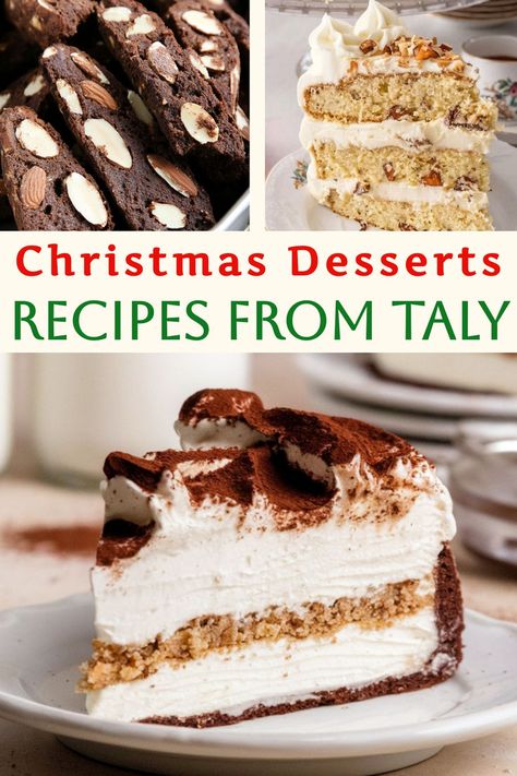 This image highlights three delicious **Italian Christmas desserts**: chocolate almond biscotti, a layered cake with whipped cream and nuts, and a rich tiramisù cake slice. These festive **recipes from Italy** are perfect for holiday gatherings, blending traditional flavors with elegant presentation. Italian Christmas Decorations Ideas, Christmas Italian Desserts, Italian Desserts Christmas, Light Winter Desserts, Show Stopping Desserts, Lemon Christmas Dessert, New Year’s Day Dessert, Italian Christmas Dessert Recipes, Elegant Christmas Desserts