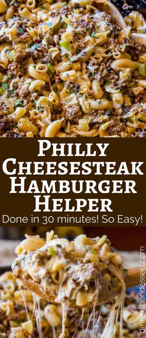 Philly Cheesesteak Hamburger Helper - Dinner, then Dessert Hamburger Meat Recipes Easy, Hamburger Helper Recipe, Cheesesteak Pasta, Hamburger Helper Recipes, Hamburger Dishes, Dinner Then Dessert, Beef Ground, Meat Recipes For Dinner, Easy Meat Recipes