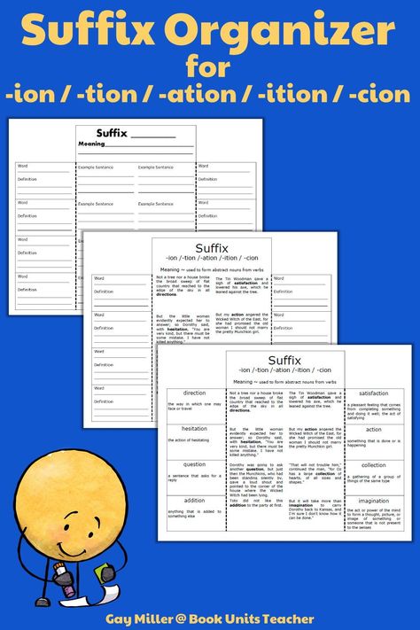 On the organizer, students take the eight example sentences from The Wonderful Wizard of Oz and tell the meanings of the words containing the suffix -ion / -tion / -ation / -ition / -cion. Suffix Tion, Coordinate Plane Worksheets, Verb Words, Abstract Nouns, Sentence Examples, Wonderful Wizard Of Oz, Apple Activities, Text Structure, Language Arts Elementary