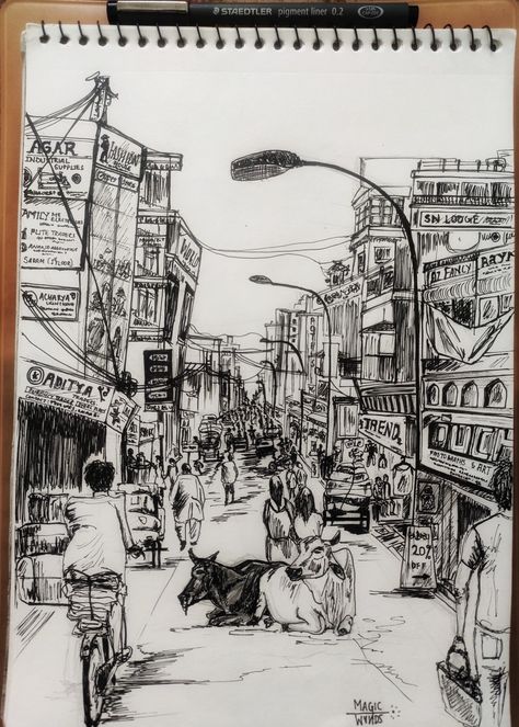 Busy City Street Drawing, I Know You Are Busy But I Miss You, Busy Drawing Art, Urban Street Figure Sketch, Indian Street Sketch, Busy Street Sketch, Busy City Drawing, Busy Street Drawing, Street Perspective Drawing