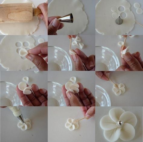 how to make fondant simple flower Kue Fondant, Torte Creative, Frosting Flowers, Fondant Flower Tutorial, Making Fondant, Fondant Recipe, Fondant Tools, Icing Flowers, Marshmallow Fondant