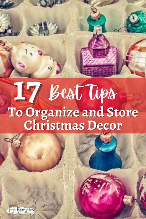 Save space and make unpacking a lot easier next year when you follow these tips to organize and store holiday decorations. #organizing #christmas #storingchristmasdecorations Storage For Christmas Decorations, Holiday Decorations Organization, Christmas Decor Organization Ideas, Storage For Holiday Decorations, Organize Christmas Ornaments, Christmas Decorations Organization, Holiday Decoration Organization Ideas, Christmas Decor Storage Organization, Holiday Storage Ideas Garage