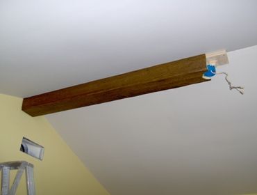 Vaulted Ceiling, Faux Wood Beam, Ceiling Fan? - Electrical, etc Diy Ceilings, Ceiling Fan Living Room, Fan Living Room, Vaulted Ceiling Beams, Faux Ceiling Beams, Bedroom Lighting Diy, Fan Diy, Beam Ceiling, Living Room Ceiling Fan