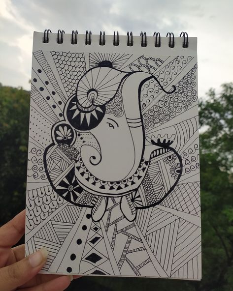 Ganpati bappa in mandala art Ganpati Pencil Drawing, Ganpati Design Drawing, Ganpati Bappa Painting Easy, Drawing Of Ganpati Bappa, Ganpati Bappa Mandala Art, Ganpati Sketch Pencil Easy, Ganpati Sketch Pencil, Ganpati Bappa Drawing Sketch, Ganpati Bappa Drawing Easy